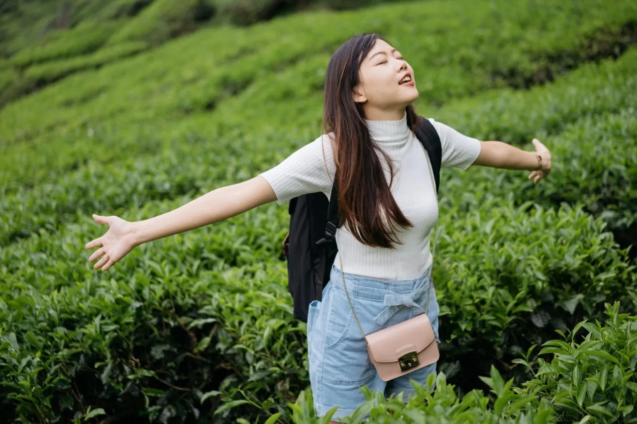Traveler enjoying a scenic tea plantation experience near Nyungwe National Park during a 6-day Rwanda safari featuring mountain gorilla trekking in Volcanoes National Park, chimpanzee tracking, and immersive cultural adventures.