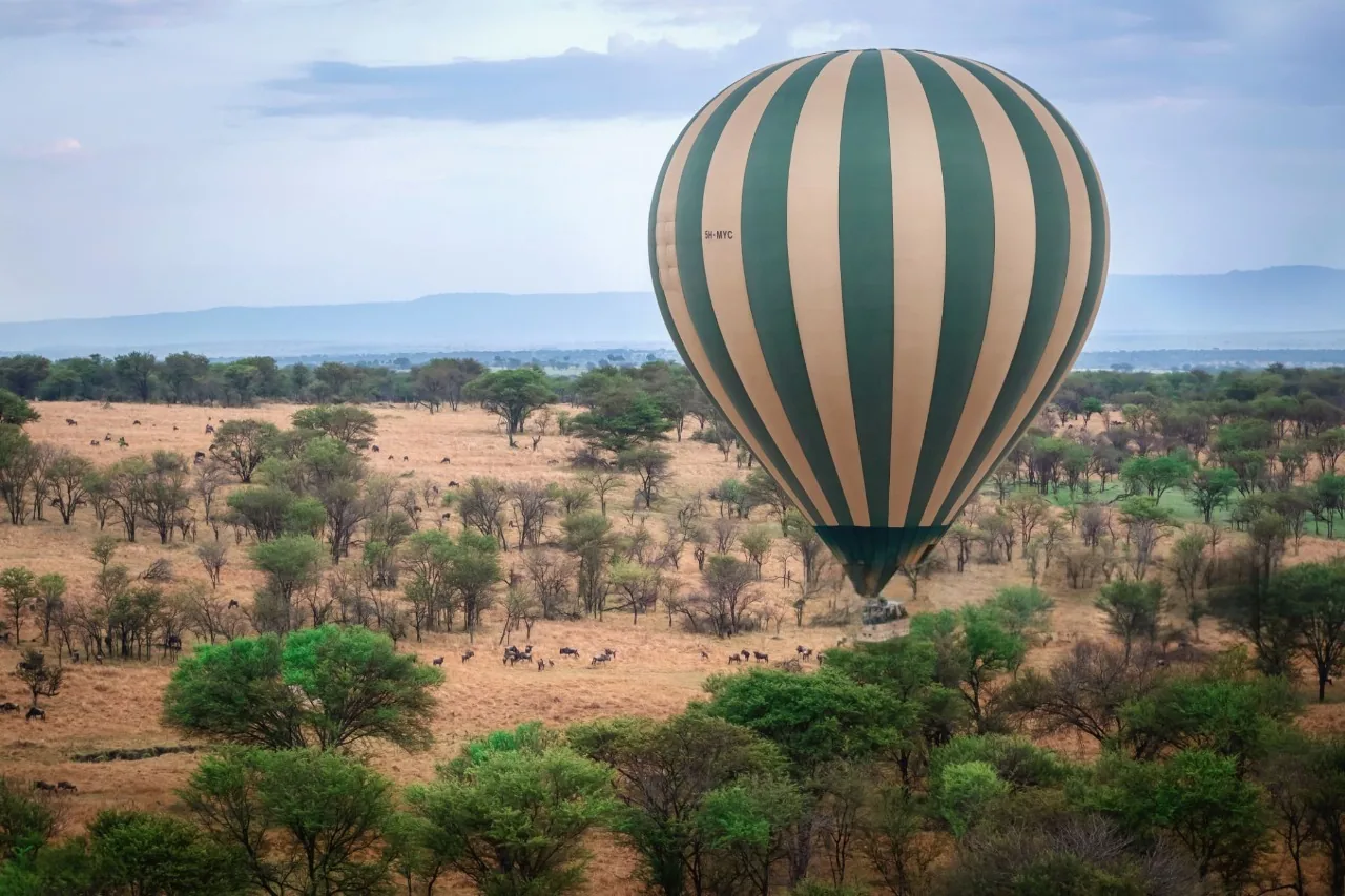Hot air balloon safari over the wildebeest migration in Serengeti National Park during Tanzania's rainy season when safari roads become muddy